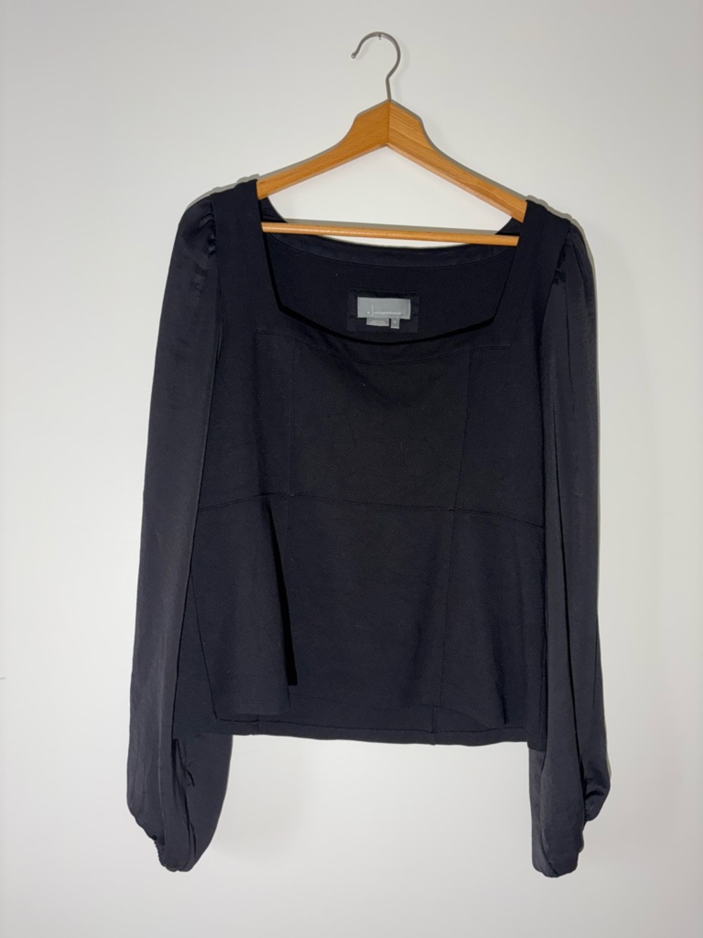 By Anthropologie Black Square-Neck Blouse with Sheer Long Sleeves